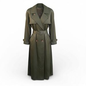 VTG LEADING LADY Trench Olive-Luster Coat Double Breasted Belted Hollywood Glam